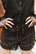 Black Suede Fringe Hem Vintage Gold Studded Eyelet Shorts