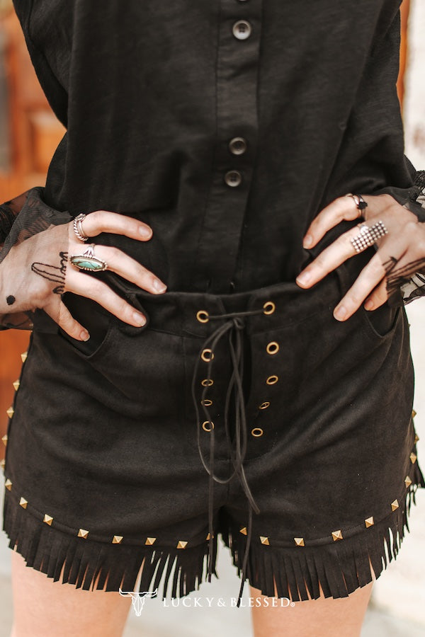 Black Suede Fringe Hem Vintage Gold Studded Eyelet Shorts