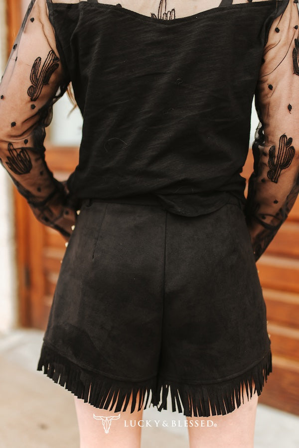 Black Suede Fringe Hem Vintage Gold Studded Eyelet Shorts