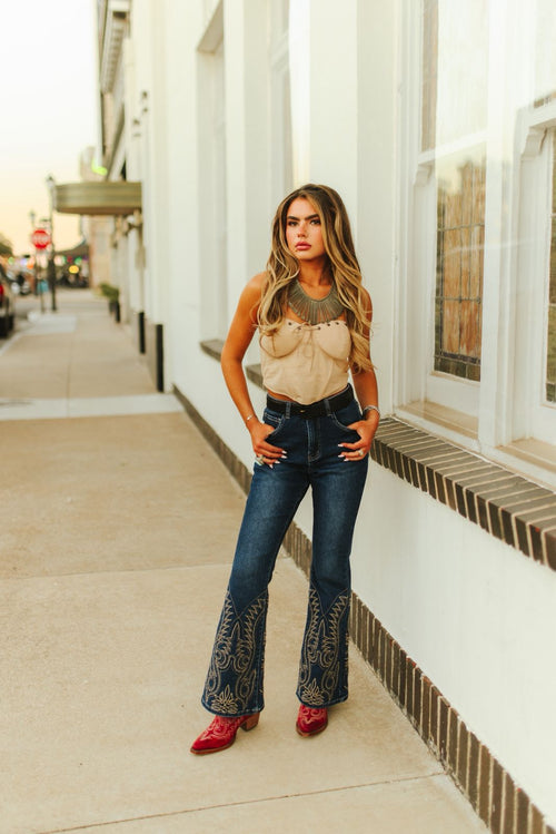 Sand Stretch Suede Stitched Corset Top