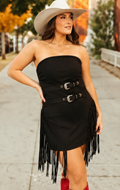 Black Suede Fringe Detail Belted Strapless Dress
